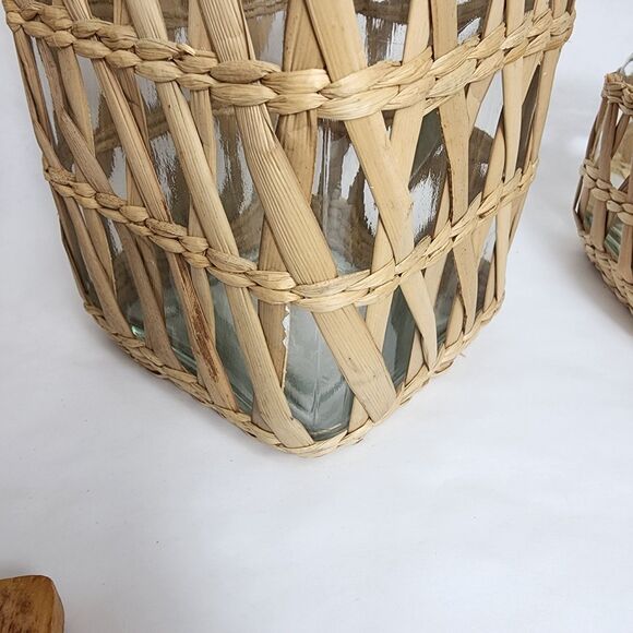 Lidded Seagrass Glass Wicker Boho Retro Square Storage Jar Vintage Set of 4 - Picture 14 of 14